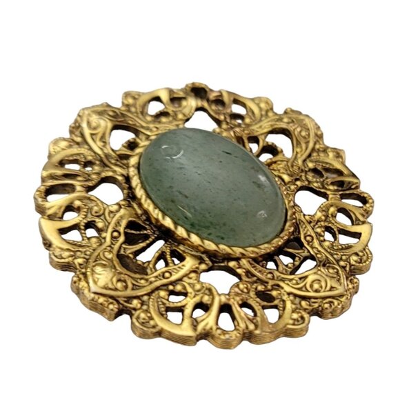 1928 Brand Gold Tone Scalloped Maltese Cross Design Round Aventurine Pin, K646 - Picture 3 of 8